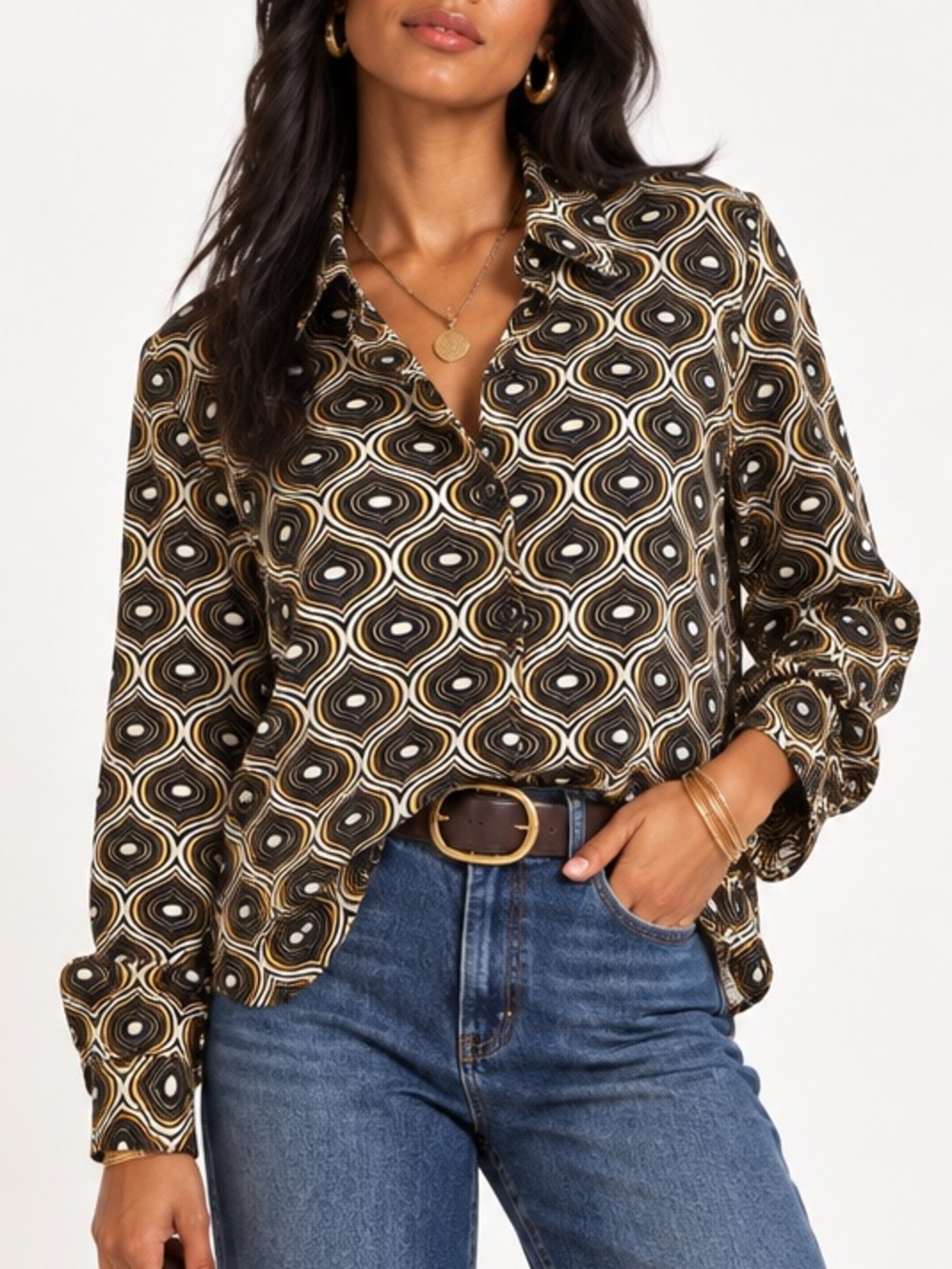 Zara Geometric Print Button Down Blouse Black Tan Retro Mod Style XL